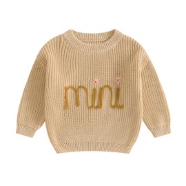 Family Matching Outfits Mommy and Me Cute Letter Embroidery Crew Neck Long Sleeve Sweater Top, Khaki, 18-24 Months