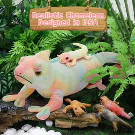MorisMos 27" Giant Chameleon Stuffed Animal with 4 Baby Lizard Plush Toys for Kid Girl Boy,Realistic Rainbow Chameleon Plush Mama & Baby Lizard Stuffed Animals Gift for Birthday Decor,CE/CPC Certified