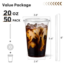 AOZITA 20 oz Plastic Cups with Lids and Straws, 50 Pack, Disposable Iced Coffee Cups with Lids for Cold Drinks, Iced Tea, Milkshakes, Smoothies - Durable & BPA Free