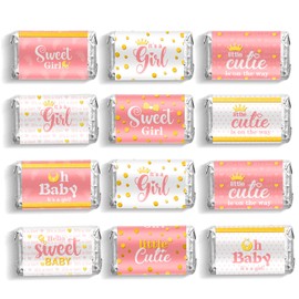 Baby Shower Candy Wrappers, Shower Mini Candy Bar Miniatures Wrappers Chocolate Bar Label Stickers for Boys Girls Kids Baby Shower Decor (No Candy)(Pink Girl Style, 90 Pieces)