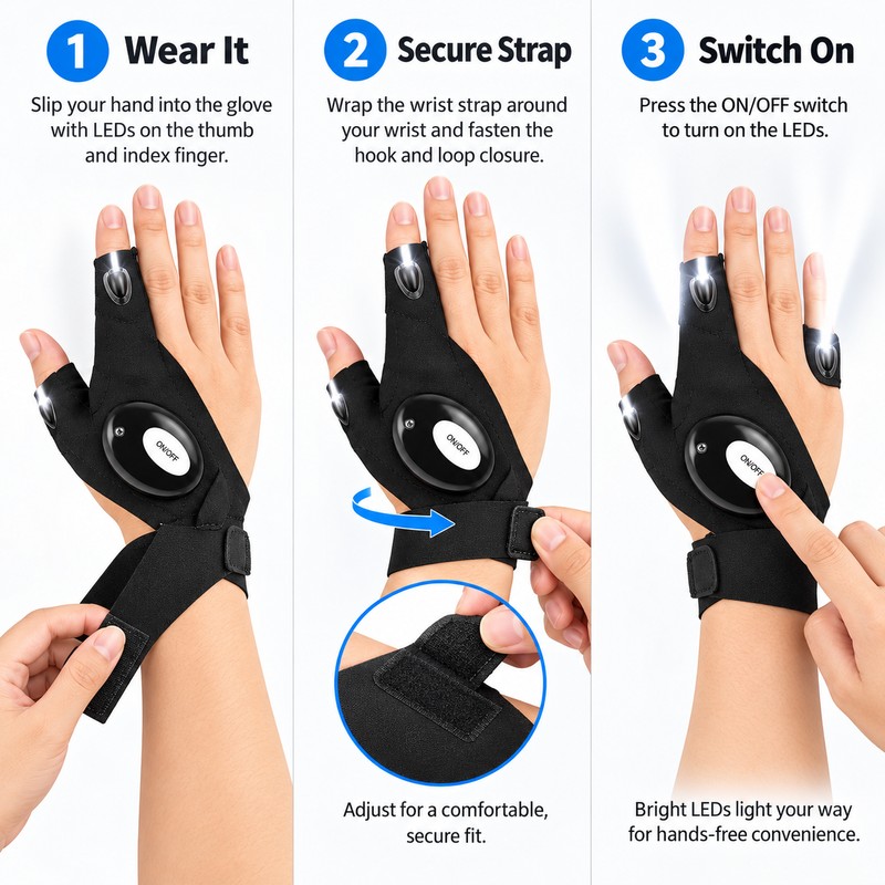 LED Fingerless Glove for Night Tasks – Hands-Free Light with