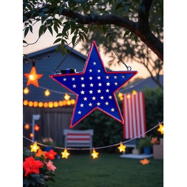 Solar Star Lantern, Metal Wall Decor for Outdoor-Garden,Patio,Lawn,Star Lamp Gifts for Women and Kid,July 4th Country Patriotic Star Light,Blue