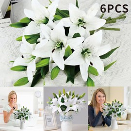 6 Pcs Artificial Tiger Lily Plastic Flowers Real Touch Lily Latex Floral Bulk Artificial Lilies Bouquet for DIY Wedding, Table Centerpiece Home Decor, Pack of 6pcs+Spiral Ikebana Stem Holder (White)