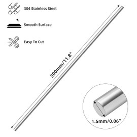 1.5mm x 300mm 304 Stainless Steel Rods, Metal Solid Shaft Round Rod Bar Stock Metal Stick for Industry, Decoration, DIY Craft Model Car Helicopter Airplane Ship Boat, 10 PCS