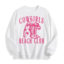 Cowgirls Beach Club Western Graphic Crewneck Sweatshirt, US Warehouse, 6 ColorsSize: L, Color: White
