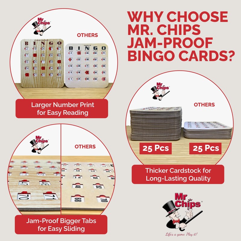 MR CHIPS Jam-Proof Bingo Cards with Sliding Windows, 50 Reusable