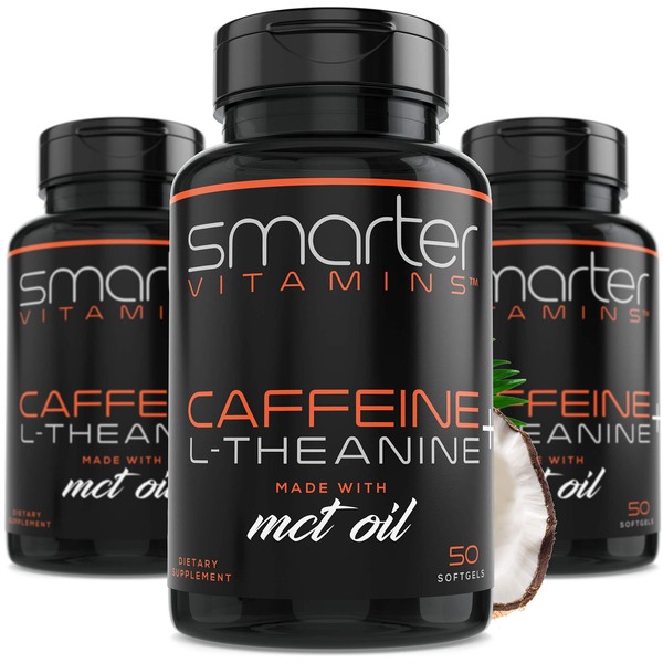 SmarterVitamins (3-Pack) 200mg Caffeine Pills with 100mg L-Theanine for Energy, Focus and Clarity + Coconut MCT Oil, Pre Workout, Nootropic Brain Booster, Extended Release Capsule