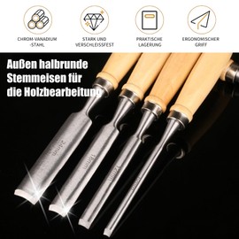 Set of 4 Wooden Chisel Set, Round, Curved Gouge Chisel Tool Set, CR-V Steel Semicircular Edge 8 mm (5/16 Inch) / 12 mm (1/2 Inch) / 18 mm (3/4 Inch) / 24 mm (1 Inch) for DIY Crafts (Outer Edge)