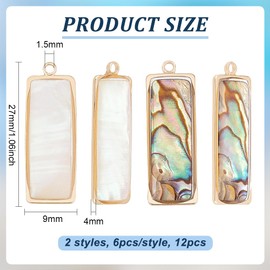 BENECREAT 12pcs Natural Abalone Shell Charms with Gold Frame, 2 Styles Rectangle Paua Shell Pendant Mixed Abalone Shell Pendant Necklace for Women Jewelry Making, 27x9mm