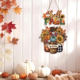 Aurlan Hello Fall Door Decor,Autumn Sunflower Wall Hanger,Pumpkin Maple Leaf Wooden Door Hanging,Rustic Floral Autumn Wall Plaque,Fall Gnome Decor,Thanksgiving Wreath for Porch Yard Farmhouse Bedroom