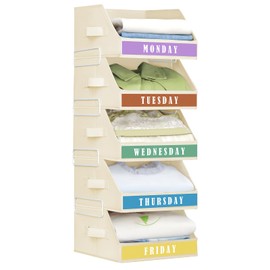 Homsorout Closet Organizers and Storage - 5 Tier Shelf Organizer wiht Weekly Labels, Stackable Storage Bins with Metal Frame, Foldable Cube Bins, Home Baskets for Kids and Adults, Beige