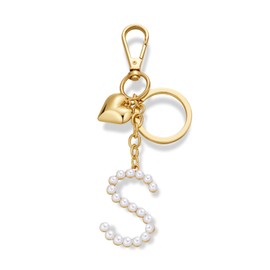 INNERDIVA Initial Letter Keychains For Women Gold Keyrings With Gold Heart And Imitation Pearl Letter S Charm For Bag Purse Accessories Gift