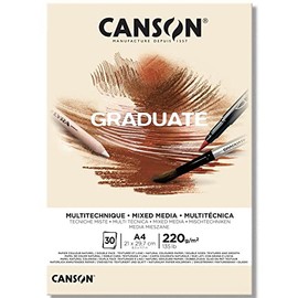 CANSON Graduate Mixed Media 220gsm A4 Paper, Double Sided: Grained And Smooth, Pad Glued Short Side, 30 Natural Sheets, Ideal for Student Artists