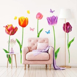 DECOWALL SG-2116 Tulip Flower Wall Stickers Butterfly Floral Decals Removable for Bedroom Living Room Art Home Decor Decoration DIY Background Mural