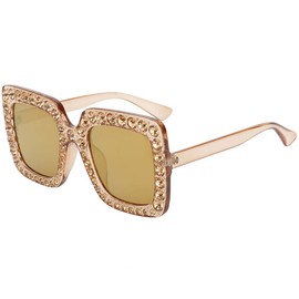 MEETSUN Elton Square Rhinestone Sunglasses Oversized Diamond Bling Bling Glasses -(Brown/Gold)