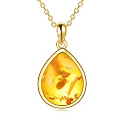 POPLYKE Amber Necklace for Women Sterling Silver Amber Necklace Teardrop Amber Jewelry Natural Pendant Necklace Gifts for Girls (Amber)