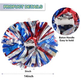 Lovecheer 2PCS Cheerleader Pom Poms Holographic Red and Blue and Silver Pom Poms Cheerleading with Baton Handle for Sports Team Spirit Dance Adults