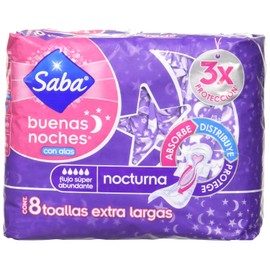 Saba Toalla Fem Buenas Noches, Ext Larga con alas, paquete de 8 pz