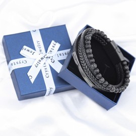 JUZICHEN Lederarmband Herren, Herrenarmband Armbänder 19cm/21cm/23cm, Braun Blau Schwarz Armband Für Männer, Armband Leder Herren Schmuck Geschenke Vatertagsgeschenk Für Papa (Schwarz, 21cm)