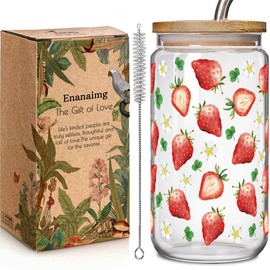 Cute Strawberry Tumbler 16oz Glass Cups with Lids and Straws Gift for Women Her, Strawberry Iced Coffee Cups Gift for Friend Birthday Graduation, Glass Cup Drinking Idea for Christmas Back to School