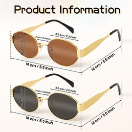 GoaePode 2 Retro Sunglasses Women Men Oval UV400 Protection Sunglasses Metal Trendy Classic Gold Frame Sunglasses Vintage Fashionable Glasses for Men and Women, brown