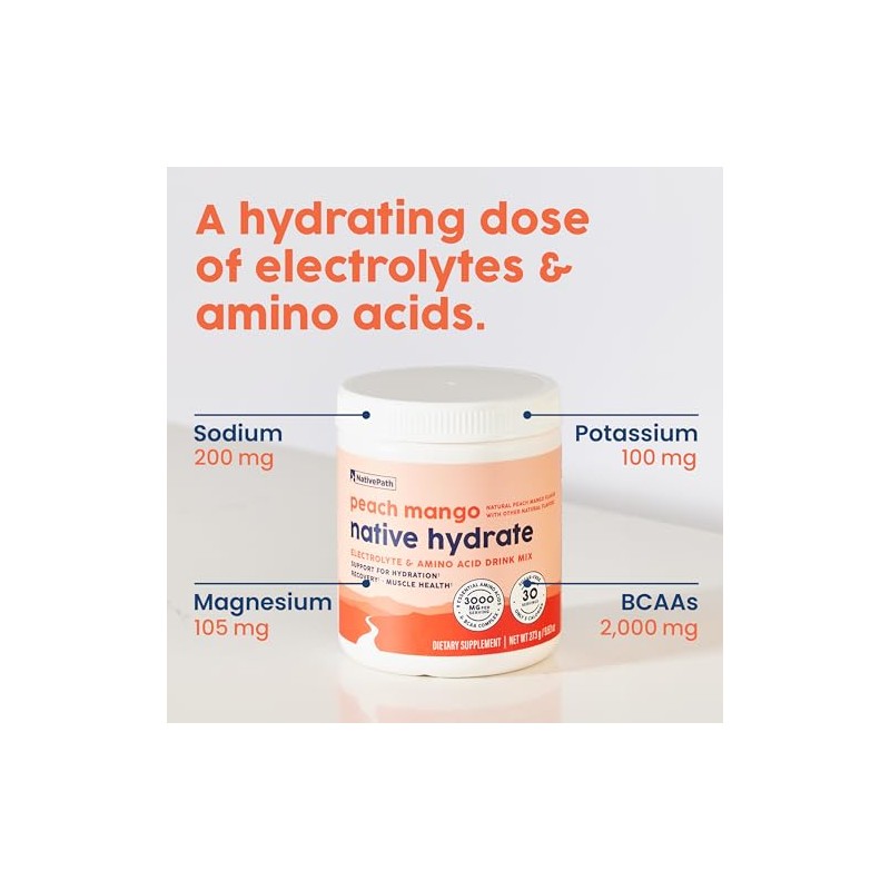 NativePath Native Hydrate, sin azúcar, polvo de electrolitos con BCAA,