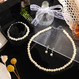 Aurelema 3 Pcs 1920s Faux Pearl Strand Costume Jewelry Sets Simulated Pearl Necklace Bracelet Earrings for Women(8 mm,Beige)