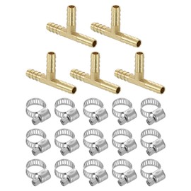 sourcing map 5pcs Brass Tee Barb Fittings, 3-Ways Tee 1/4" x 1/4" x 1/4" Barbed Hose Reducer, Tee Brass Barb Fitting Reducer with 15pcs Hose Clamps for Water Fuel Air
