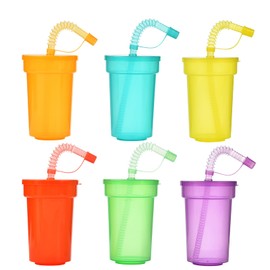 VITEVER Pack of 6 Children's Party Cups, Plastic Cups, Drinking Cup Set with Lid Straw, Iced Coffee, Cold Drinking, Smoothie Juice (380 ml)
