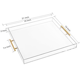 Extra Large Clear Acrylic Serving Tray (18×18 Inches) with Gold Handles Spill Proof Acrylic Over Size Big Decorative Tray Organiser for Ottoman Coffee Table Countertop
