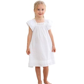 Flwydran Girls Nightgown Long Vintage Toddler Sleep Dress 100% Princess Woven Cotton Nightwear, Short Sleeve White, 140(For Height 130-140 cm)