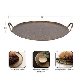 Kate and Laurel Sanzo Transitional Hammered Metal Round Tray, 16 Inch Diameter, Antique Brass, Vintage Metal Decorative Circle Tray with Hammered Surface and Minimalist Metal Handles