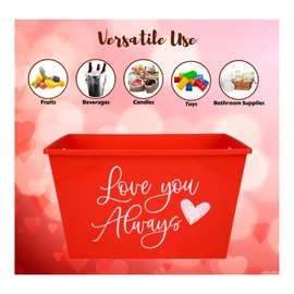 Ja'cor Valentine Red Plastic Buckets with Handles 1Pc, Rectangular Gift Baskets Organizer Storage Bin Containers Mothers Day Party Home Kitchen Decorations Bundle with 1 Spatula (Love You Always)