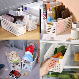 JAKAGO Small Plastic Storage Baskets Kitchen Cupboards Organiser Storage Baskets for Shelves -Set of 3 (White,S)