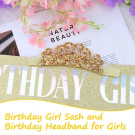 Tihebax Birthday Girl Sash and Headband Set, Glitter Gold Birthday Sash for Girls Princess Tiara Crown for Girls Happy Birthday Party Decorations Accessories