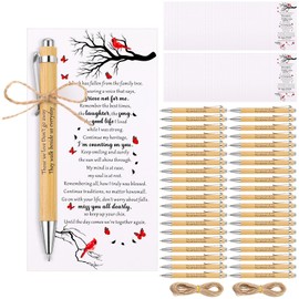 Janlaugh 150 Set Memorial Funeral Favors Include Cardinal Prayer Cards and Bamboo Ballpoint Pens Funeral Pocket Token for Guest Sympathy Remembrance Gifts for Loss of Loved One