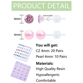 KASFREE 30 Pairs Cubic Zirconia Earrings Plastic Post Earrings for Women Plastic Stud Earrings Pearls Plastic Earrings for Sensitive Ears (Mixcolor 4mm)