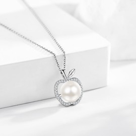 URONE Pearl Necklace 925 Silver Apple Beads Pendant Necklace Pearl Jewellery Gifts for Women, Sterling Silver, No Gemstone
