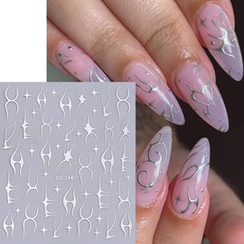 French Nail Stickers for Nail Art Black Gold Silver Laser Star and Irregular Line Nail Decals Design 3D Self-Adhesive French Tip Nails Sticker for Women and Girls DIY Decoration Charms 8 Sheets