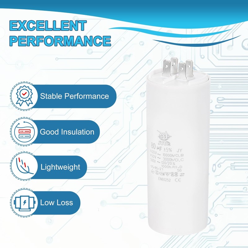 PATIKIL CBB60 80uF Run Capacitor,1 Pcs AC450V 4 Pin Double