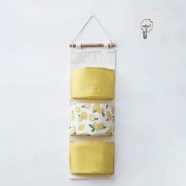 RUIXOAXI Cotton Fabric Multi Functional Closet Hanging Storage Bag,Waterproof Linen Fabric Organizer with 3 Pockets for Room Bathroom (Yellow)