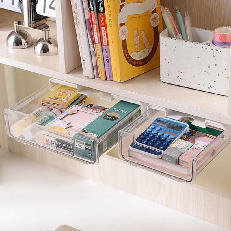 2 Pack Under Desk Storage Drawers Slide Out-Drill-On or Self-Adhesive,Large&Medium