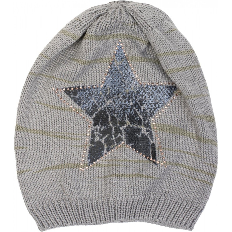 styleBREAKER Knitted Beanie Hat with Vintage Star Print and Rhinestone