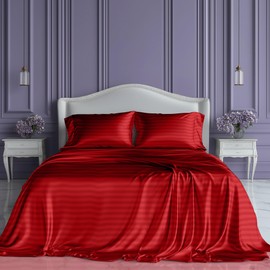 SLEEP SANCTUARY Satin Sheets Queen Size – 4 Piece Luxury Silky Bed Set, Softer Than Silk, 15" Deep Pocket, Cooling & Wrinkle-Free, Moisture-Wicking & Breathable for Hair & Skin (Striped Red)