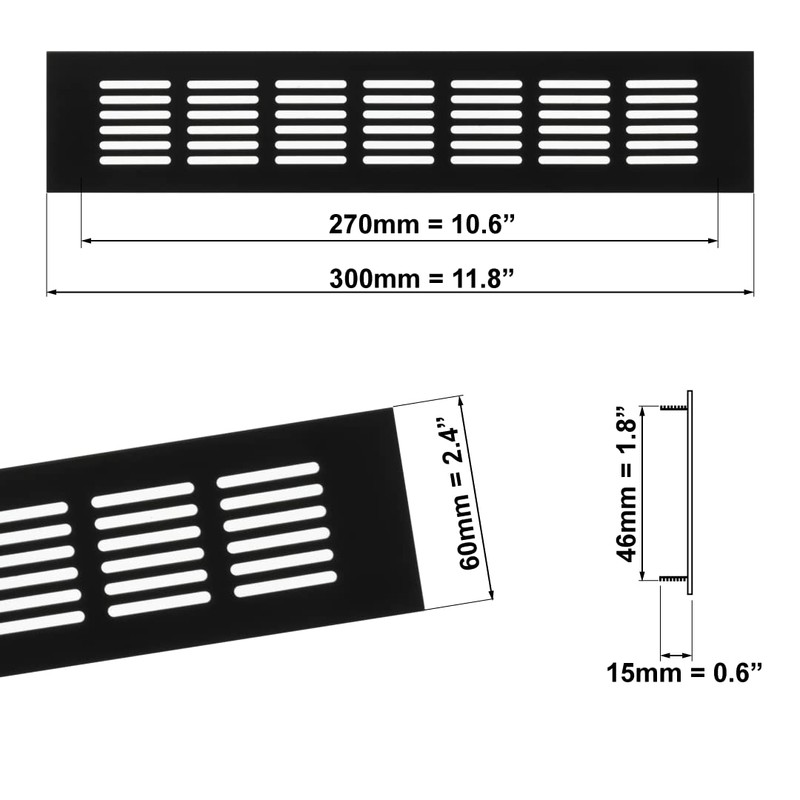 60x300mm Air Vent Cover - Aluminium Ventilation Grille - Black