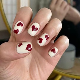 24Pcs Valentine's Day Press on Nails Short Square Fake Nails White Nails with Red Heart Full Cover Glue on Nails Artificial Thick Nails Design Valentines False Nails for Women Girls Acrylic Nails