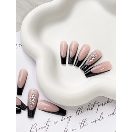 Press on Nails Long Coffin Black French Tip Fake Nails Full Cover False Nails with Rhinestones Designs Glossy False Nails with Nail Glue Artifiical Acrylic Nails for Women Girls 24 Pcs