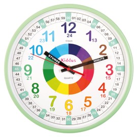 Kiddus Children's Wall Clock, Boys and Girls, Analogue Learning Clock with Time Learning Exercises, Children's Wall Clock Without Ticking, Children's Room Silent, School, Clock Hands German, 30 cm,