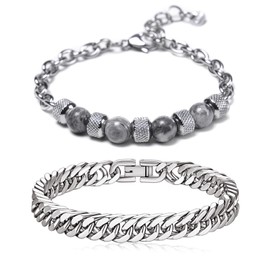 ZENGSING Men's Stainless Steel Bracelets, Set of 2 Bracelets, Silver, Men's Stainless Steel Bracelets, Silver Tiger's Eye Stainless Steel Bracelet for Dad, Son, Brother, Husband, Unit size, Stainless