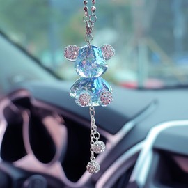 YOYLMAL Bling Diamond Car Hanging Accessories for Women and Girls, Cute Crystal Bear Car Rear View Mirror Charms Pendant Lucky Hanging Ornament Car Interior Decorations (Blue)